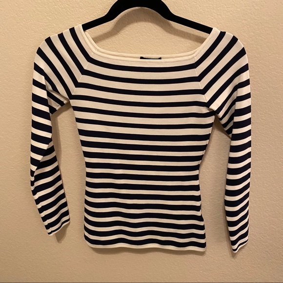 NWT H&M Navy & White Classic Striped Bardot Fitted Top Small - Picture 5 of 14